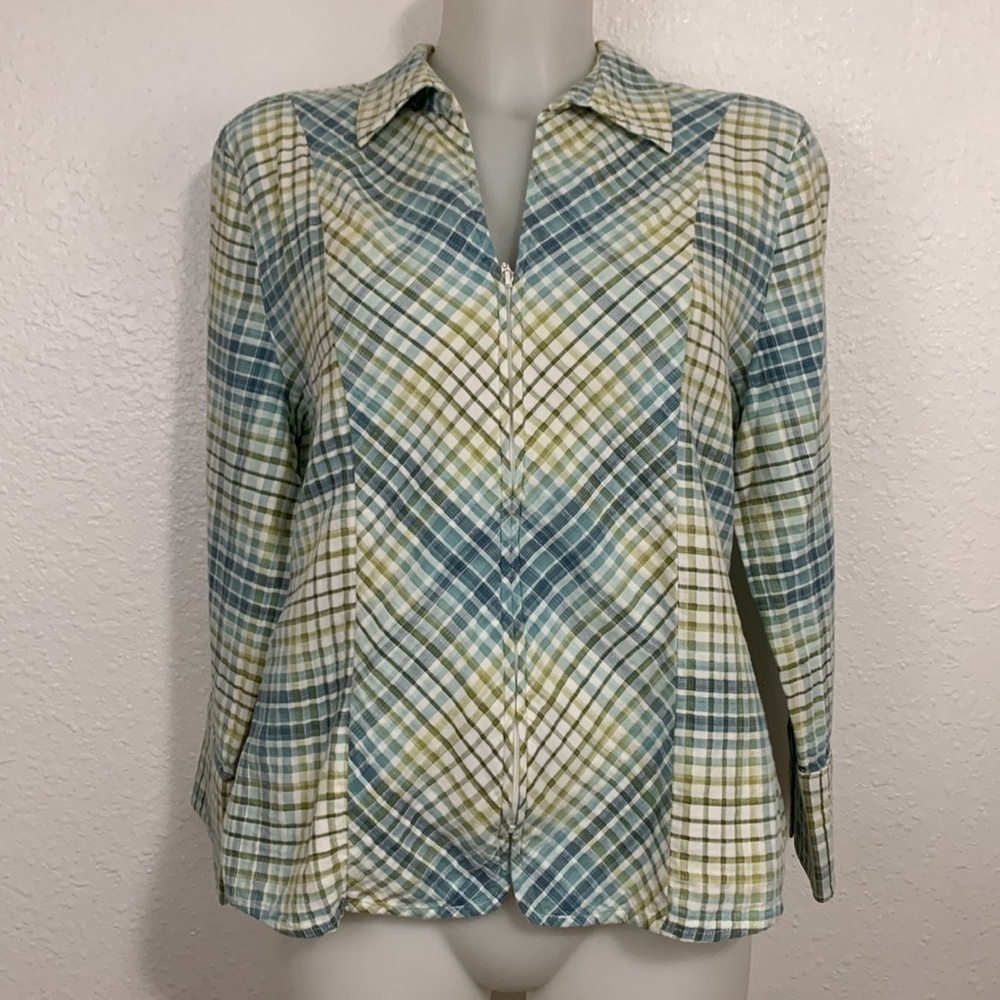 Christopher & Banks Tie Dye Plaid 1/4 Zip Woven Blouse Size L